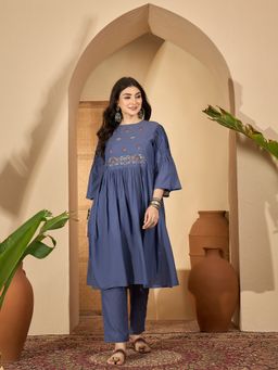 Rangdeep - Blue Viscose Rayon Embroidered Anarkali Kurta with Pant and Slip