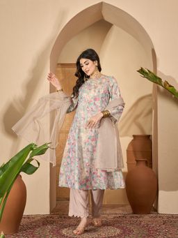 Rangdeep - Beige Floral Anarkali Kurta with Pant and Dupatta with Silp