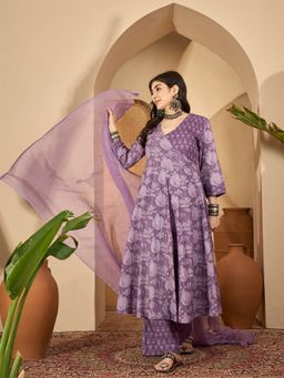 Rangdeep - Purple Pure Cotton Floral Anarkali Kurta with Pant and Dupatta