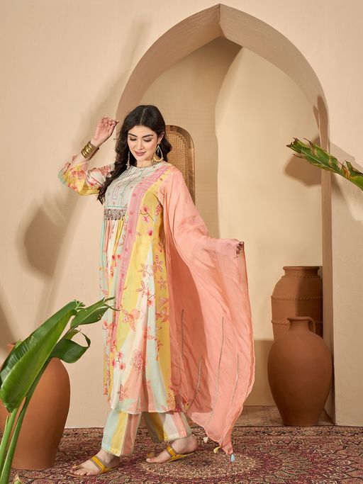 Rangdeep Multi-Colour Pure Cotton Floral Anarkali Kurta with Pant and Dupatta