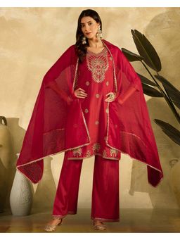 KVS FAB - Red Silk Blend Zari Sequence Cording Kurta with Pant and Dupatta