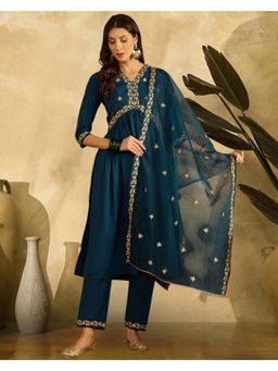 KVS FAB - Blue Crepe Zari Chain Embroidered Anarkali Kurta with Pant and Dupatta