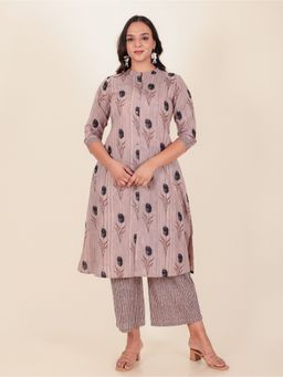 ARAMYA - Grey Soft Cotton A-Line Floral Print Kurta with Palazzo
