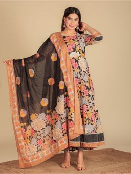 ARAMYA - Soft Cotton Multi-Colour Floral Print Anarkali Kurta with Pant and Dupatta