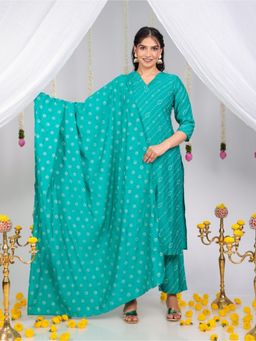 ARAMYA - Roman Silk Green Straight Bandhani Print Kurta with Pant and Dupatta