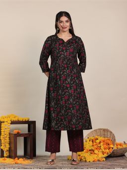 ARAMYA - Black Viscose Panelled Floral Print Kurta with Pant