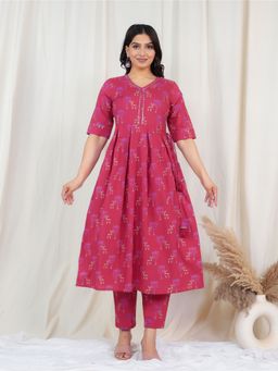 ARAMYA - Red Soft Cotton A-Line Animal Print Kurta with Pant