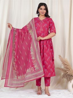 ARAMYA - Red Soft Cotton A-Line Animal Print Kurta with Pant and Dupatta