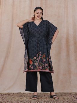 ARAMYA - Black Soft Cotton Print Kaftan Kurta with Palazzo