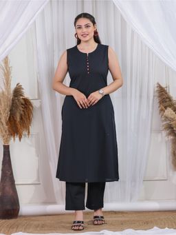 ARAMYA - Black Soft Cotton A-Line Solid Kurta with Pant