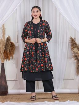 ARAMYA - Black Soft Cotton A-Line Solid Kurta with Pant and Jacket