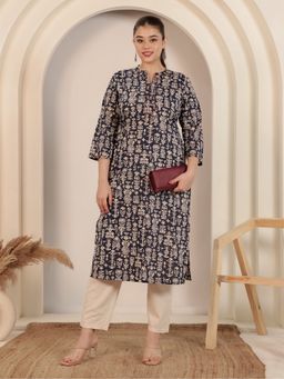 ARAMYA - Blue Soft Cotton Straight Butta Print Kurta with Pant
