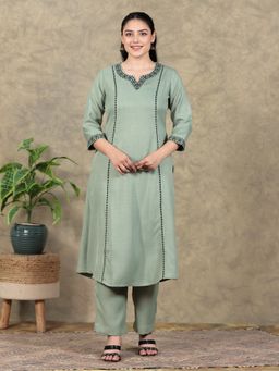 ARAMYA - Green Poly Blend Solid Kurta with Pant