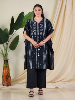 ARAMYA - Black Soft Cotton Kaftan Kurta with Palazzo
