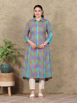ARAMYA - Multi-Colour Soft Cotton High Low Patchwork Print Kurta with Pant