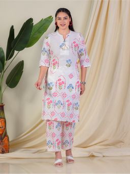 ARAMYA - Off White Soft Cotton Straight Geometric Print Kurta with Pant