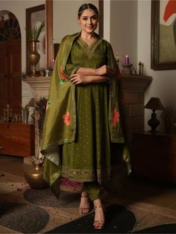 ARAMYA - Poly Chinon Green Solid Anarkali Kurta with Pant and Dupatta