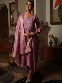 ARAMYA - Chanderi Print Pink Kurta with Pant and Dupatta