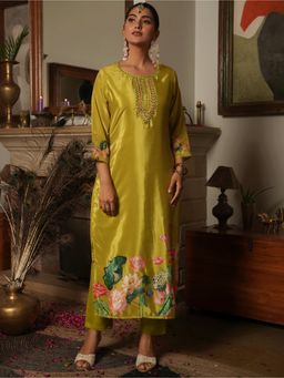 ARAMYA - Green Poly Silk Floral Print Kurta with Pant