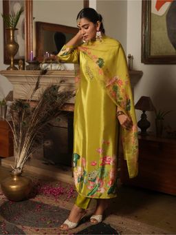 ARAMYA - Poly Silk Floral Print Green Kurta with Pant and Dupatta