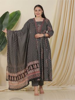 ARAMYA - Black Kantha Cotton Flared Paisley Print Anarkali Kurta with Pant and Dupatta