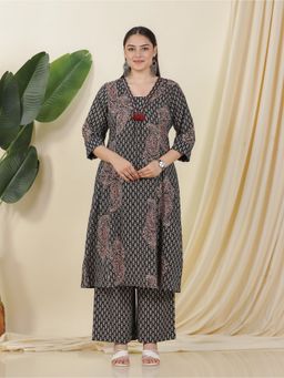 ARAMYA - Black Kantha Cotton Paisley Print Kurta with Palazzo
