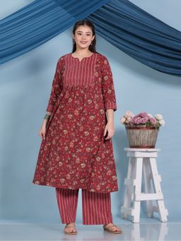 ARAMYA - Red Kantha Cotton Panelled Floral Print Kurta with Palazzo
