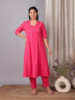 ARAMYA - Pink Linen Cotton Flared Solid Kurta with Pant