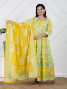 ARAMYA - Soft Cotton Flared Floral Print Anarkali Kurta with Pant and Dupatta