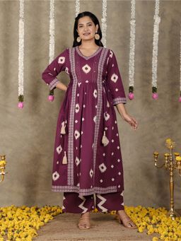 ARAMYA - Purple Soft Cotton Ikat Print Kurta with Palazzo