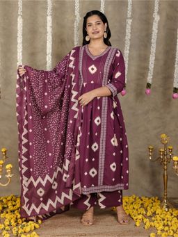 ARAMYA - Soft Cotton Ikat Print Purple Kurta with Palazzo and Dupatta