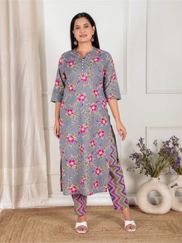ARAMYA - Grey Soft Cotton Straight Floral Print Kurta with Pant