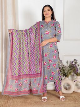 ARAMYA - Soft Cotton Straight Floral Print Grey Kurta with Pant and Dupatta