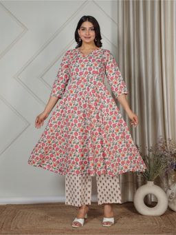 ARAMYA - Beige Soft Cotton Floral Print Kurta with Palazzo