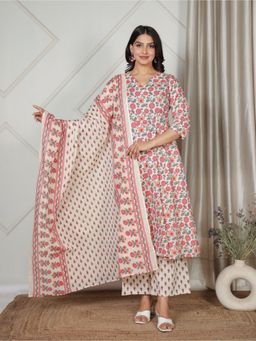 ARAMYA - Soft Cotton Floral Print Beige Kurta with Palazzo and Dupatta