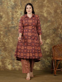 ARAMYA - Brown Soft Cotton High Low Floral Print Kurta with Pant
