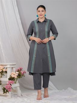 ARAMYA - Grey Linen Cotton High Low Solid Kurta with Pant