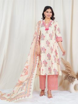 ARAMYA - Soft Cotton Off White Floral Print Kurta with Pant and Dupatta