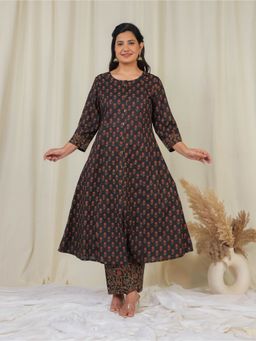 ARAMYA - Black Soft Cotton A-Line Floral Print Kurta with Pant