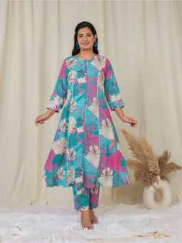 ARAMYA - Multi-Colour Soft Cotton A-Line Floral Print Kurta with Pant