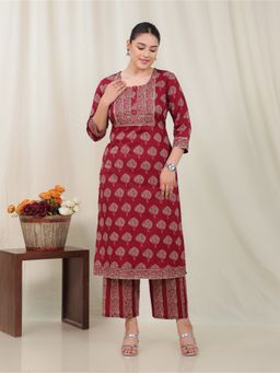 ARAMYA - Rust Soft Cotton Straight Butta Print Kurta with Pant