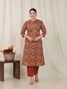 ARAMYA - Red Soft Cotton Floral Print Kurta with Pant