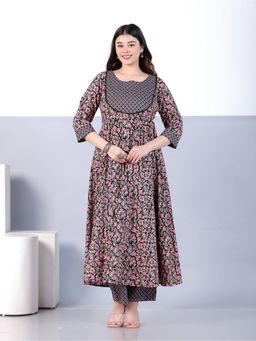 ARAMYA - Black Soft Cotton Floral Print Anarkali Kurta with Pant
