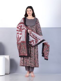 ARAMYA - Black Soft Cotton Anarkali Floral Print Kurta with Pant and Dupatta