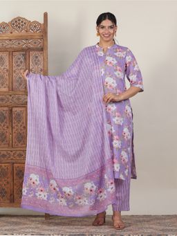 ARAMYA - Soft Cotton Purple Straight Floral Print Kurta with Pant and Dupatta