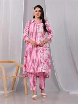 ARAMYA - Pink Soft Cotton High Low Floral Print Kurta with Pant