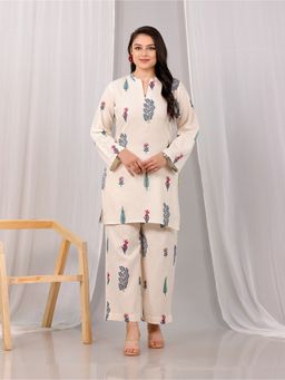 ARAMYA - Off White Linen Cotton Floral Print Kurta with Pant