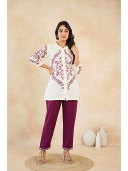 Zolo Label - Elegant Off-White and Maroon Embroidered Rayon Co-Ord Set