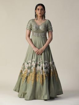 Arpita Sulakshana - Pista Green Hand Painted Embroidered Chanderi Dress