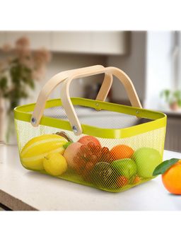 UMAI - Rectangular Metal Mesh Basket with Wooden Handle Green